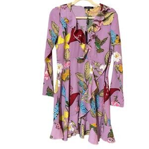Romeo & Juliet Couture Purple Floral & Bird Print Ruffle Mini Dress Womens M